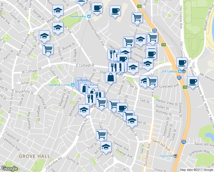 map of restaurants, bars, coffee shops, grocery stores, and more near 17 Eastman Street in Boston