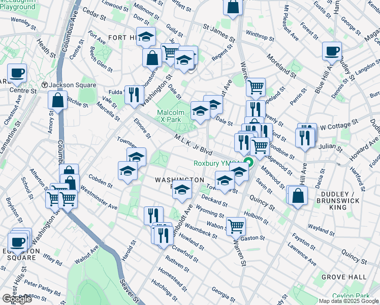 map of restaurants, bars, coffee shops, grocery stores, and more near 21 Harold Street in Boston