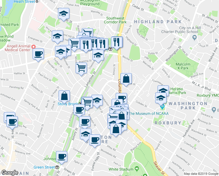 map of restaurants, bars, coffee shops, grocery stores, and more near 112-114 Amory Street in Boston