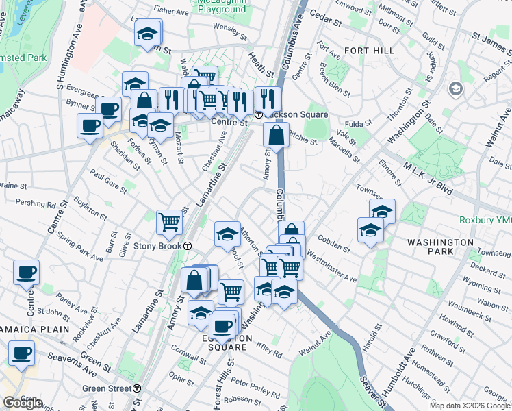 map of restaurants, bars, coffee shops, grocery stores, and more near 112-114 Amory Street in Boston