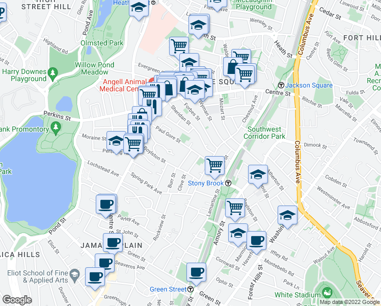 map of restaurants, bars, coffee shops, grocery stores, and more near 80 Paul Gore Street in Boston