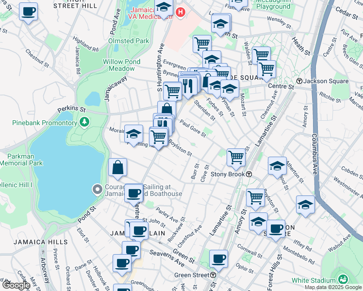 map of restaurants, bars, coffee shops, grocery stores, and more near 15 Oakview Terrace in Boston