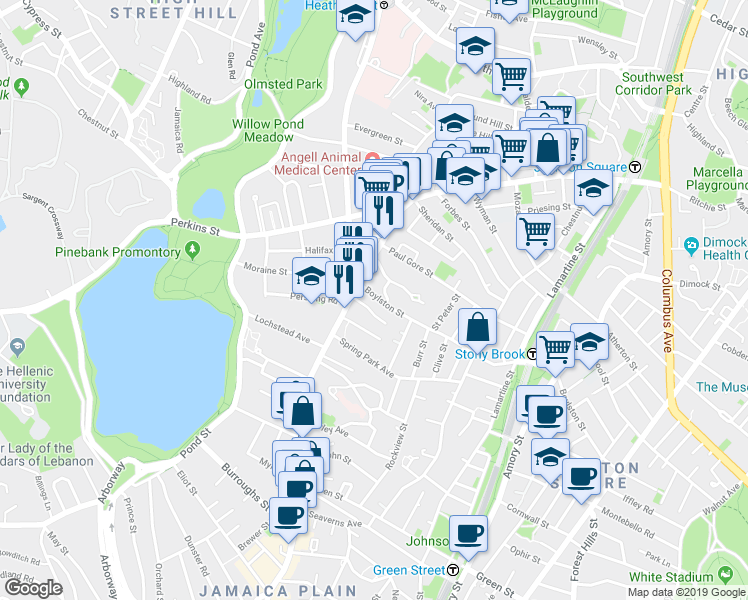 map of restaurants, bars, coffee shops, grocery stores, and more near 15 Oakview Terrace in Boston