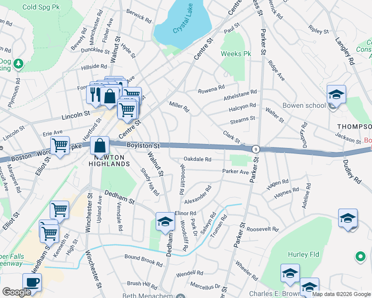 map of restaurants, bars, coffee shops, grocery stores, and more near 81 Cloverdale Road in Newton