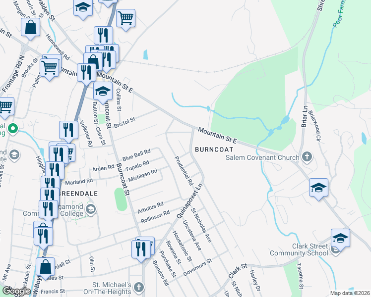 map of restaurants, bars, coffee shops, grocery stores, and more near 10 Winston Road in Worcester