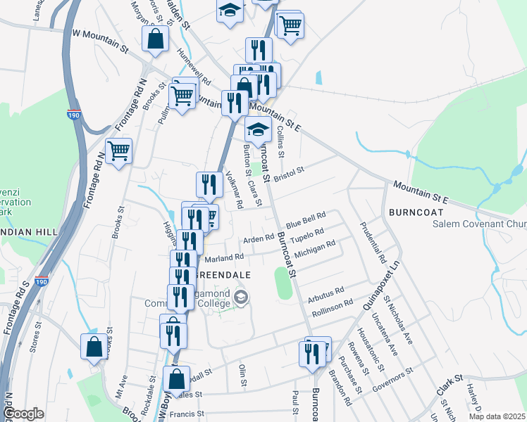 map of restaurants, bars, coffee shops, grocery stores, and more near 8 Clara Street in Worcester