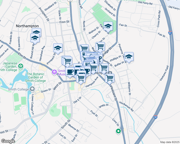 map of restaurants, bars, coffee shops, grocery stores, and more near 78 Massachusetts 9 in Northampton