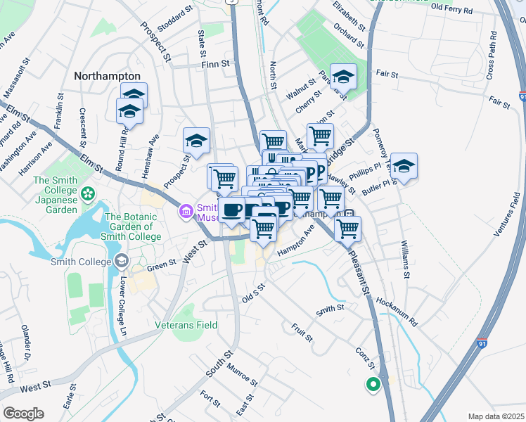 map of restaurants, bars, coffee shops, grocery stores, and more near 109 Main Street in Northampton