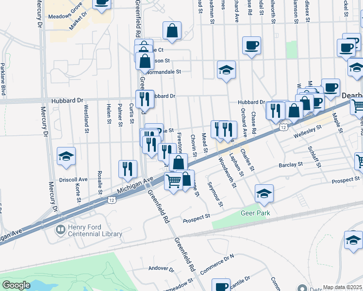 map of restaurants, bars, coffee shops, grocery stores, and more near 4636 Firestone Street in Dearborn
