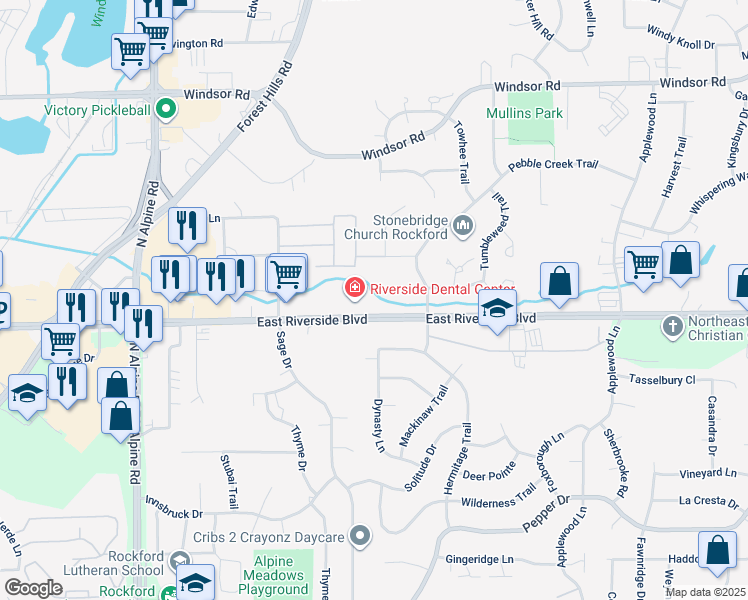 map of restaurants, bars, coffee shops, grocery stores, and more near 5009 Woodlake Drive in Loves Park