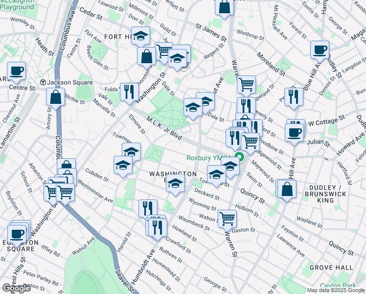 map of restaurants, bars, coffee shops, grocery stores, and more near 21 Harold Street in Boston