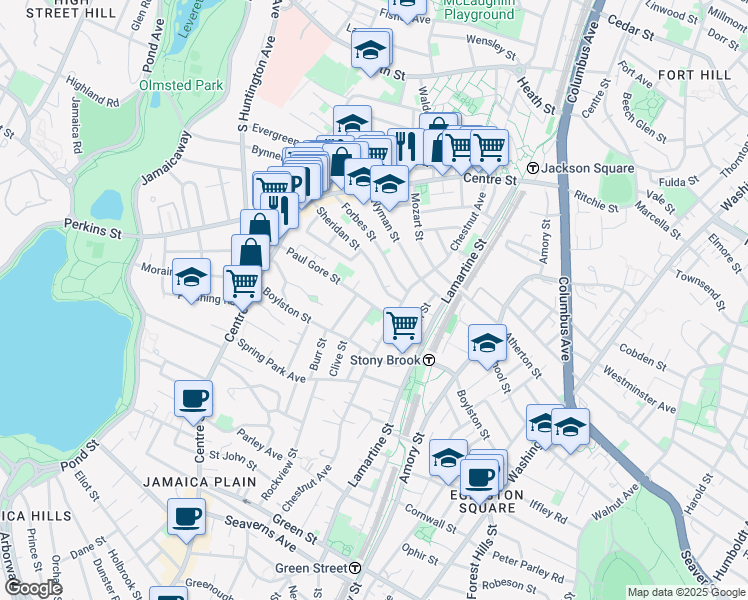 map of restaurants, bars, coffee shops, grocery stores, and more near 106 Sheridan Street in Boston