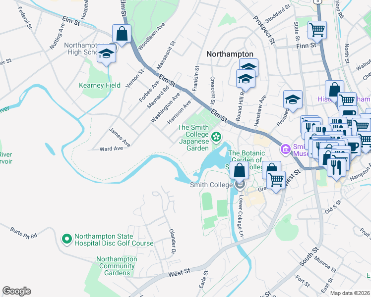 map of restaurants, bars, coffee shops, grocery stores, and more near 73 Paradise Road in Northampton