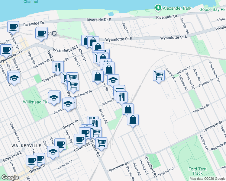 map of restaurants, bars, coffee shops, grocery stores, and more near 1112 Hickory Road in Windsor
