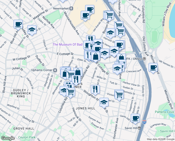map of restaurants, bars, coffee shops, grocery stores, and more near 683 Columbia Road in Boston
