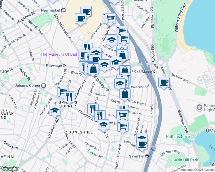 map of restaurants, bars, coffee shops, grocery stores, and more near 11 Pond Street in Boston