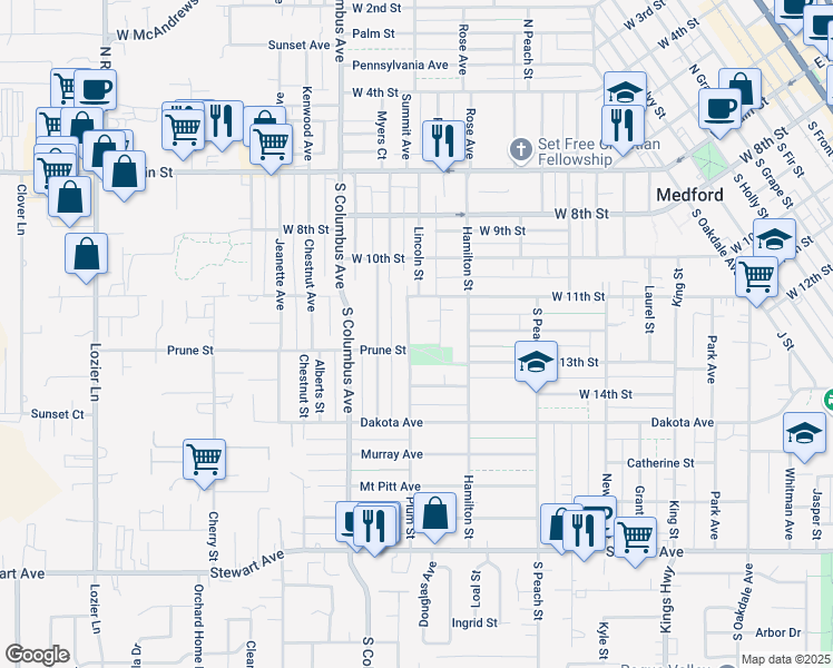 map of restaurants, bars, coffee shops, grocery stores, and more near 419 Plum Street in Medford