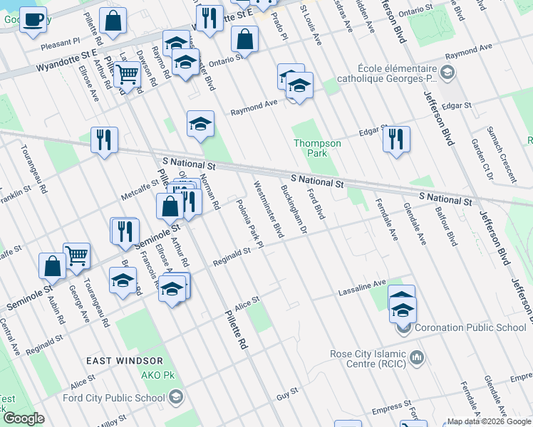map of restaurants, bars, coffee shops, grocery stores, and more near 1537 Westminster Boulevard in Windsor