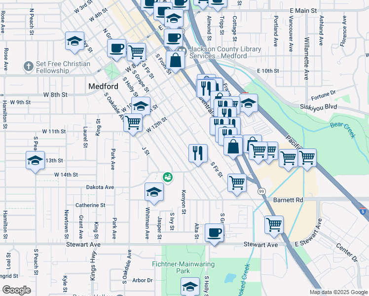 map of restaurants, bars, coffee shops, grocery stores, and more near 638 South Grape Street in Medford