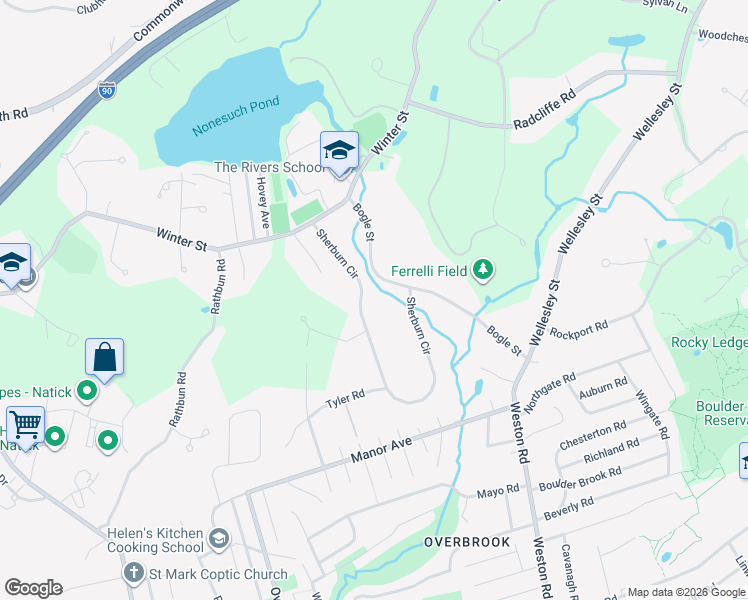 map of restaurants, bars, coffee shops, grocery stores, and more near 40 Sherburn Circle in Weston