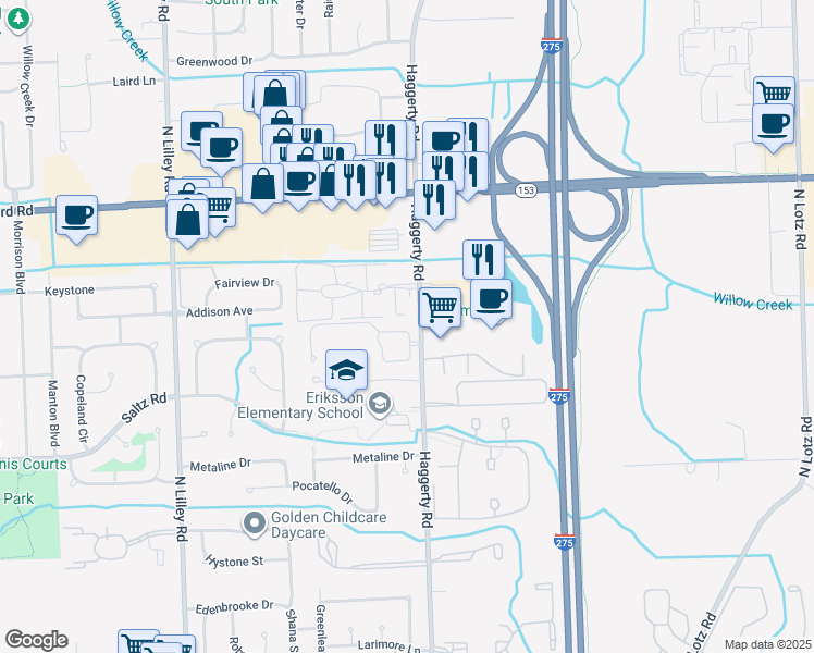 map of restaurants, bars, coffee shops, grocery stores, and more near 41515 Bedford Drive in Canton