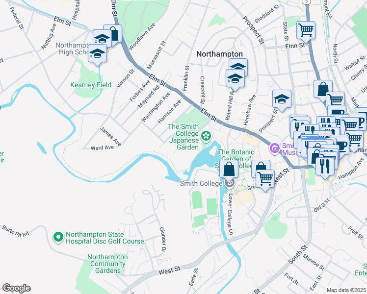 map of restaurants, bars, coffee shops, grocery stores, and more near 62 Paradise Road in Northampton