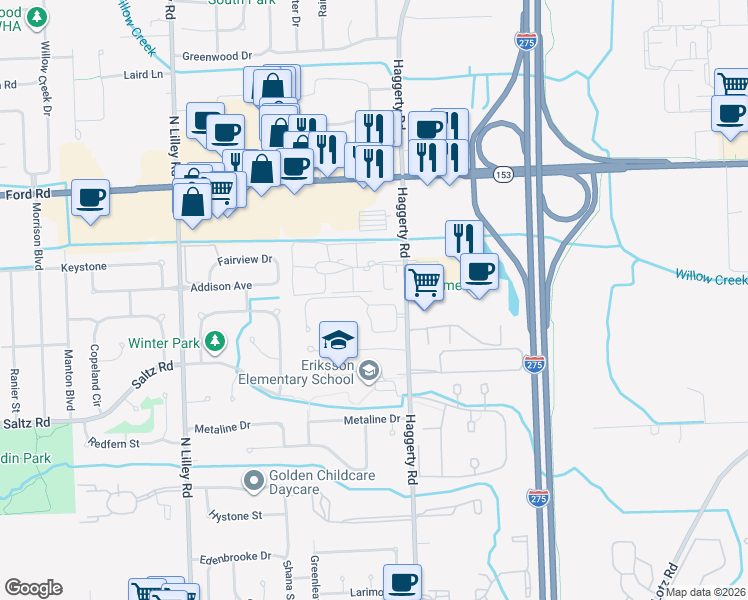 map of restaurants, bars, coffee shops, grocery stores, and more near 41515 Bedford Drive in Canton