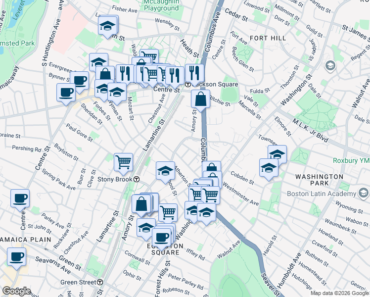 map of restaurants, bars, coffee shops, grocery stores, and more near 94 Bragdon Street in Boston