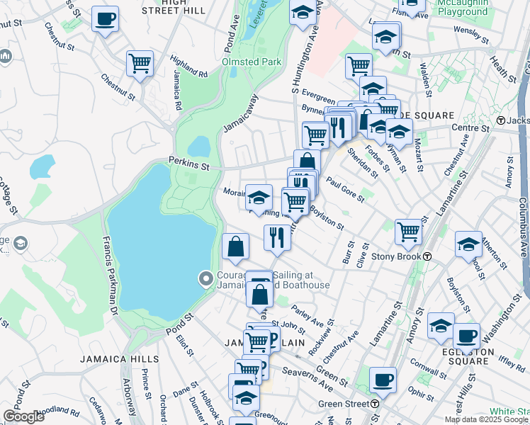 map of restaurants, bars, coffee shops, grocery stores, and more near 40 Pershing Road in Boston