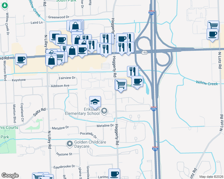 map of restaurants, bars, coffee shops, grocery stores, and more near 41515 Bedford Drive in Canton