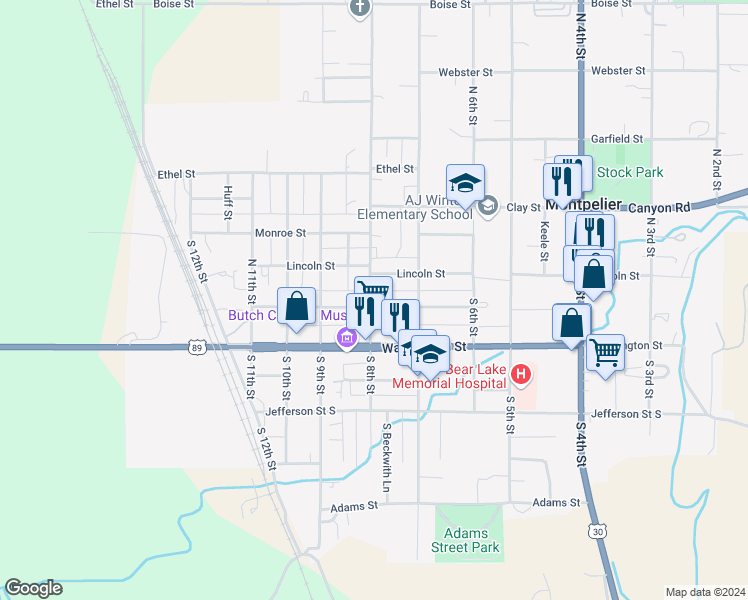 map of restaurants, bars, coffee shops, grocery stores, and more near 747 Lincoln Street in Montpelier