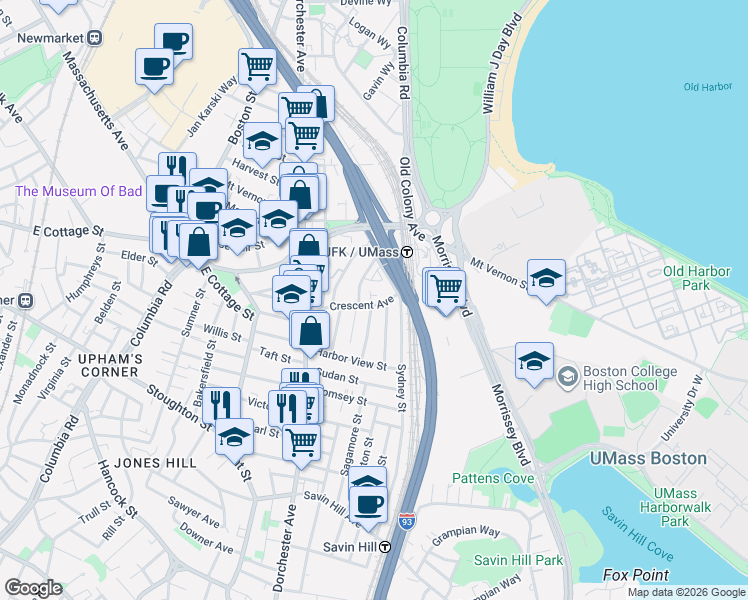 map of restaurants, bars, coffee shops, grocery stores, and more near 82 Crescent Avenue in Boston
