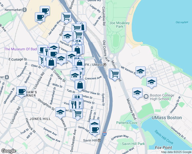 map of restaurants, bars, coffee shops, grocery stores, and more near 82 Crescent Avenue in Boston