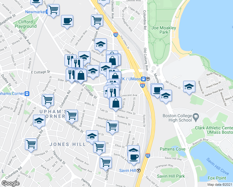 map of restaurants, bars, coffee shops, grocery stores, and more near 923 Dorchester Avenue in Boston