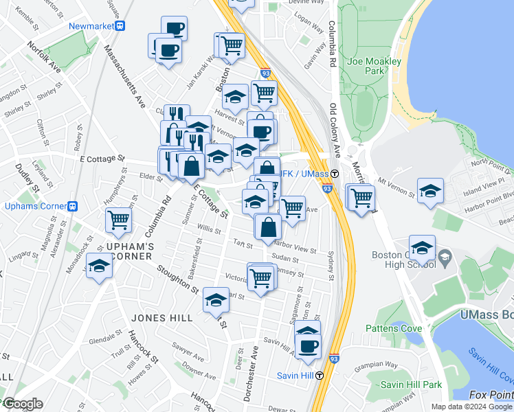 map of restaurants, bars, coffee shops, grocery stores, and more near 923 Dorchester Avenue in Boston