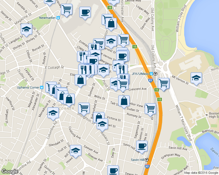 map of restaurants, bars, coffee shops, grocery stores, and more near 11 Pond Street in Boston