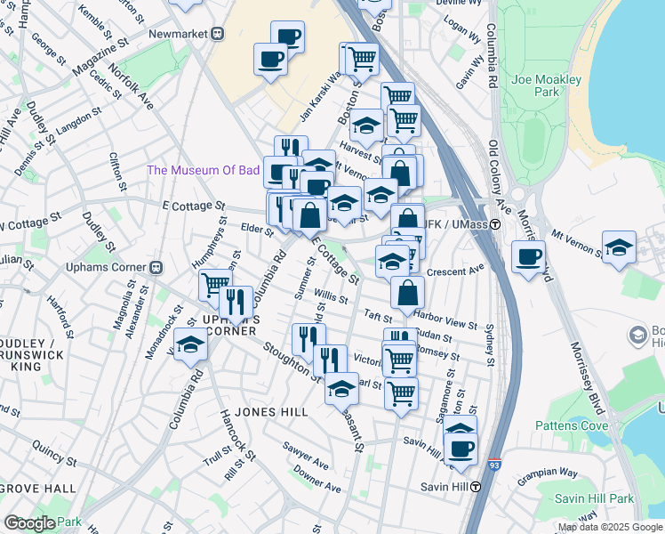 map of restaurants, bars, coffee shops, grocery stores, and more near 11 Pond Street in Boston