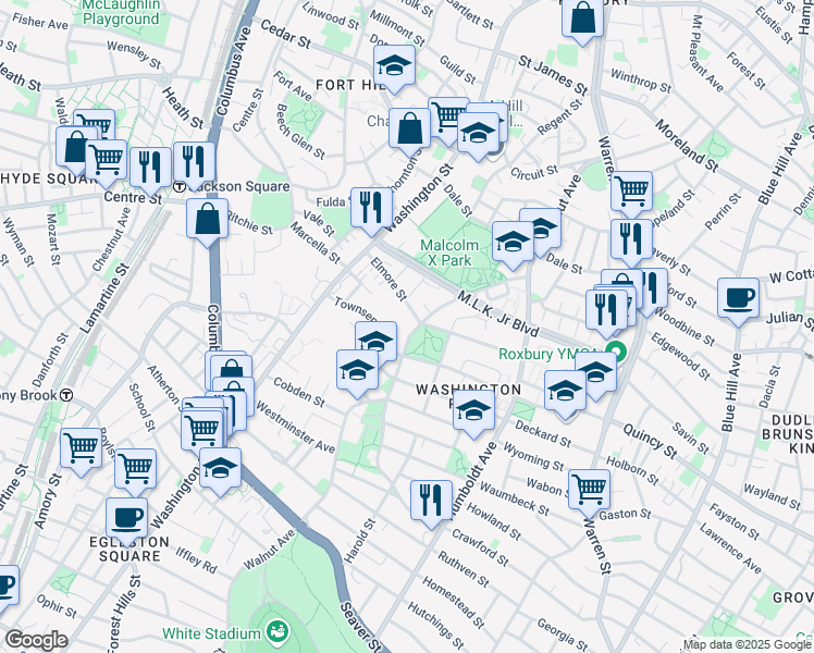 map of restaurants, bars, coffee shops, grocery stores, and more near 49 Elmore Street in Boston
