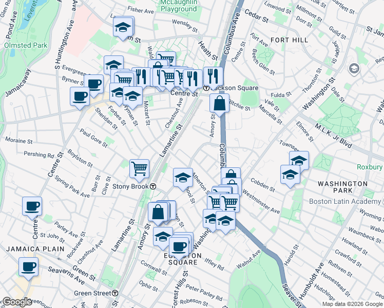 map of restaurants, bars, coffee shops, grocery stores, and more near 137 Amory Street in Boston