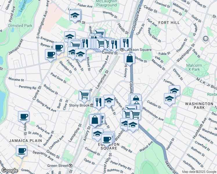 map of restaurants, bars, coffee shops, grocery stores, and more near 121 Amory Street in Boston