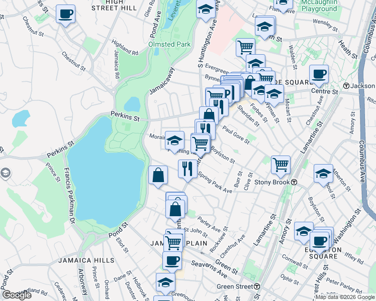 map of restaurants, bars, coffee shops, grocery stores, and more near 33 Pershing Road in Boston