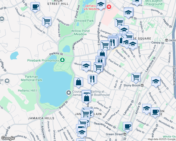 map of restaurants, bars, coffee shops, grocery stores, and more near 30 Moraine Street in Boston