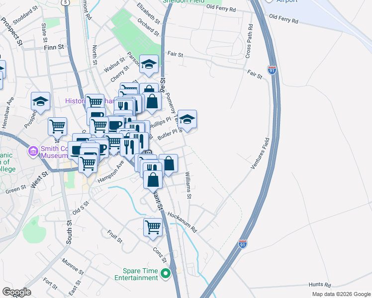 map of restaurants, bars, coffee shops, grocery stores, and more near 88 Pomeroy Terrace in Northampton