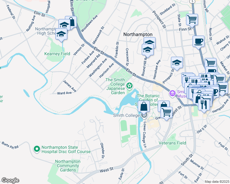 map of restaurants, bars, coffee shops, grocery stores, and more near 75 Dryads Green in Northampton