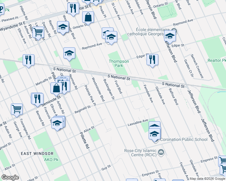 map of restaurants, bars, coffee shops, grocery stores, and more near 1539 Ford Boulevard in Windsor