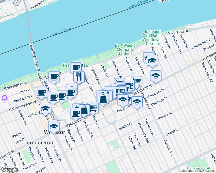 map of restaurants, bars, coffee shops, grocery stores, and more near in Windsor