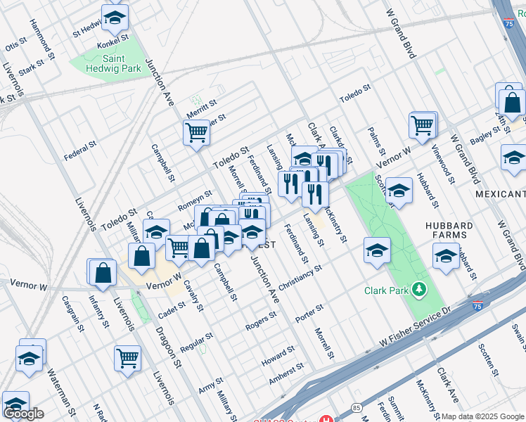 map of restaurants, bars, coffee shops, grocery stores, and more near 1947 Ferdinand Street in Detroit