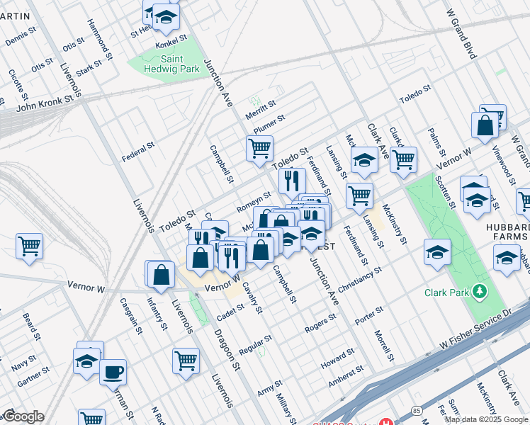 map of restaurants, bars, coffee shops, grocery stores, and more near 5665 Romeyn Street in Detroit