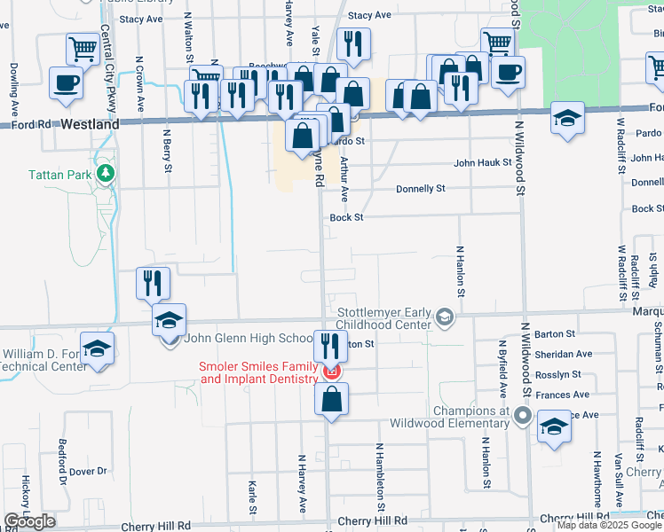 map of restaurants, bars, coffee shops, grocery stores, and more near 1159 Shoemaker Drive in Westland