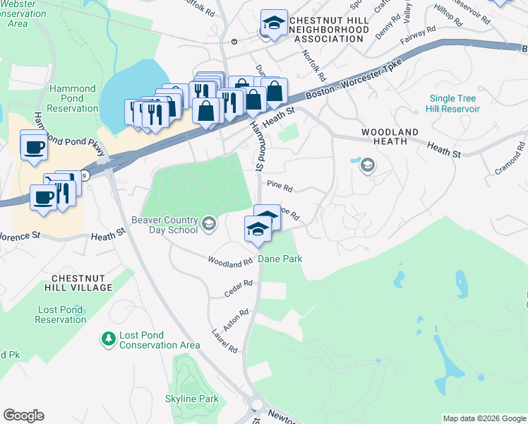 map of restaurants, bars, coffee shops, grocery stores, and more near 727 Hammond Street in Brookline